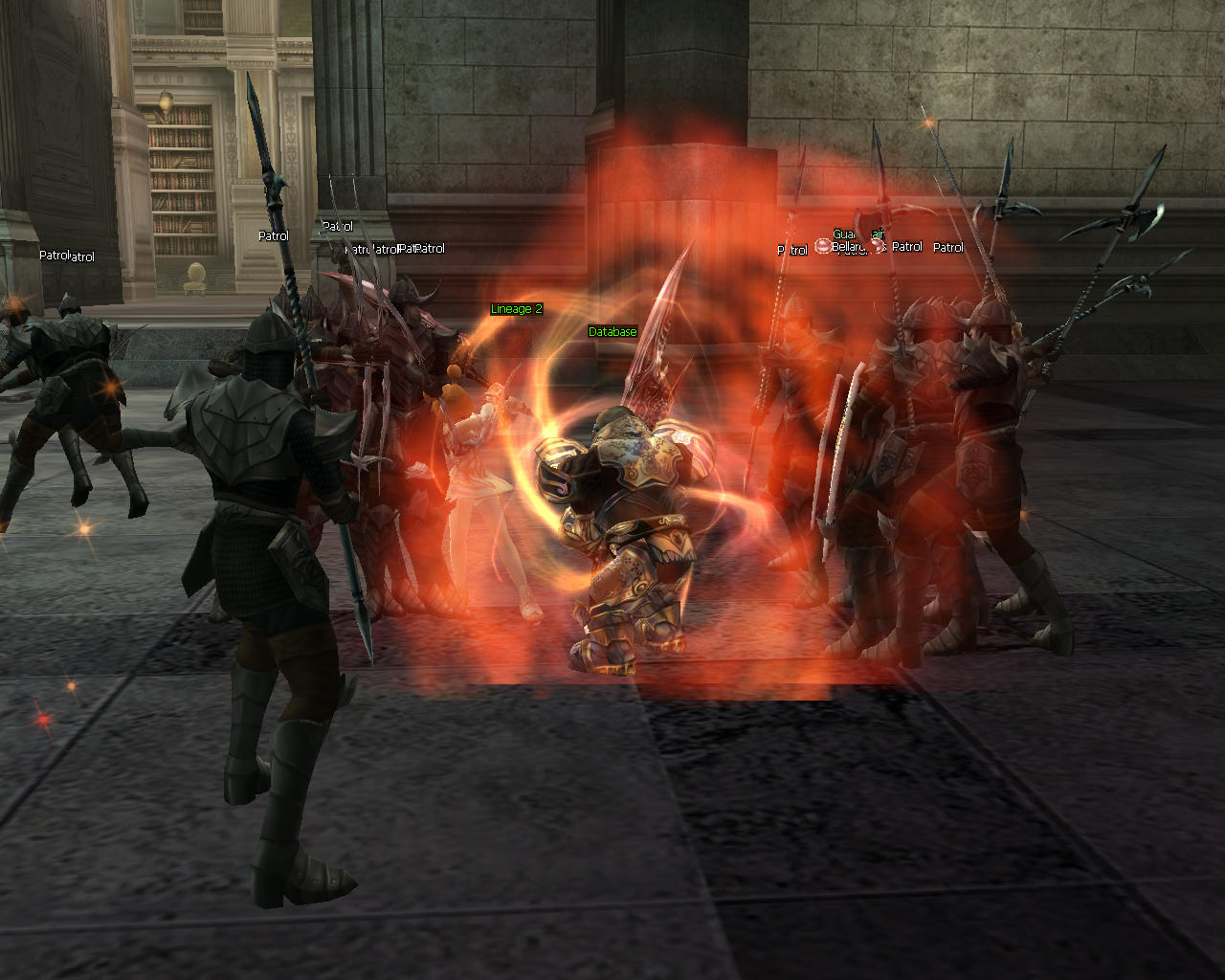Use our Lineage 2 database to get more informations about Lineage, PvP battles, quests, armor, swords and magic staffs. On screenshot Lineage 2 castle guard patrols attack characters named Database and Lineage 2.